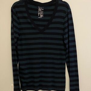 GAP Striped V-Neck Top in Dark Teal and Black